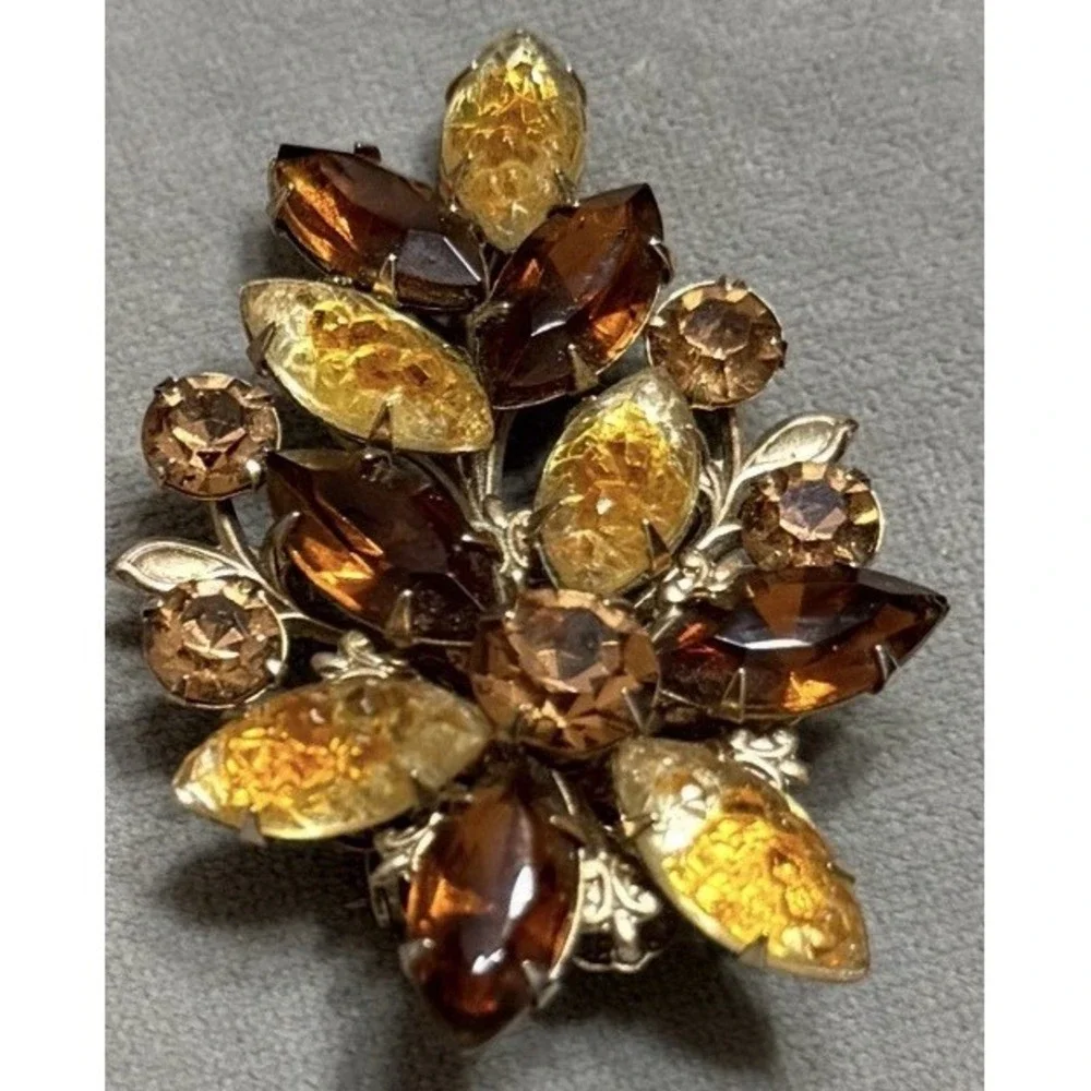 Vintage Warm Tone Rhinestone Floral Brooch Amber Cream Soda Crushed Ice Glass